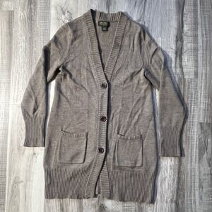 Eddie Bauer Womens Large 100% Merino Wool Brown Long Cardigan Lounge Pockets